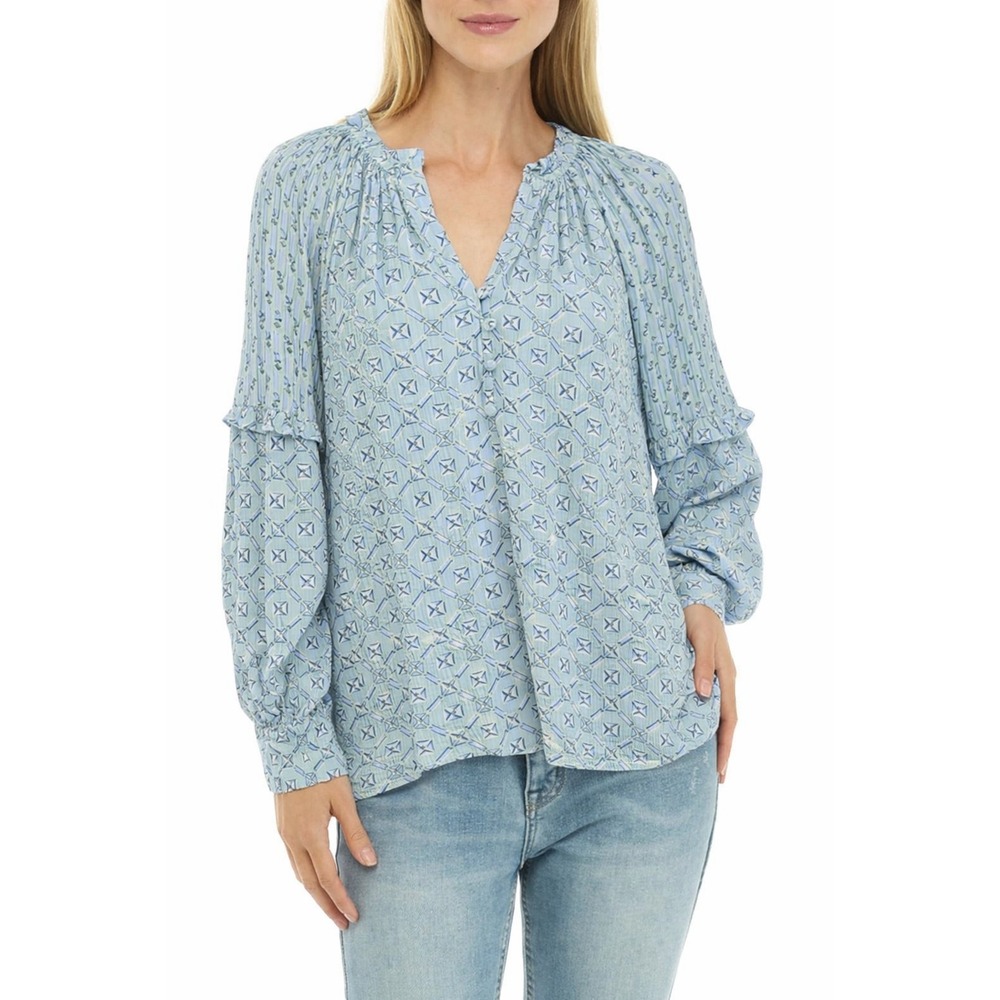 Wonderly Womens XL Blue Printed Split Neck Ruffle Sleeve Rayon Blouse Top